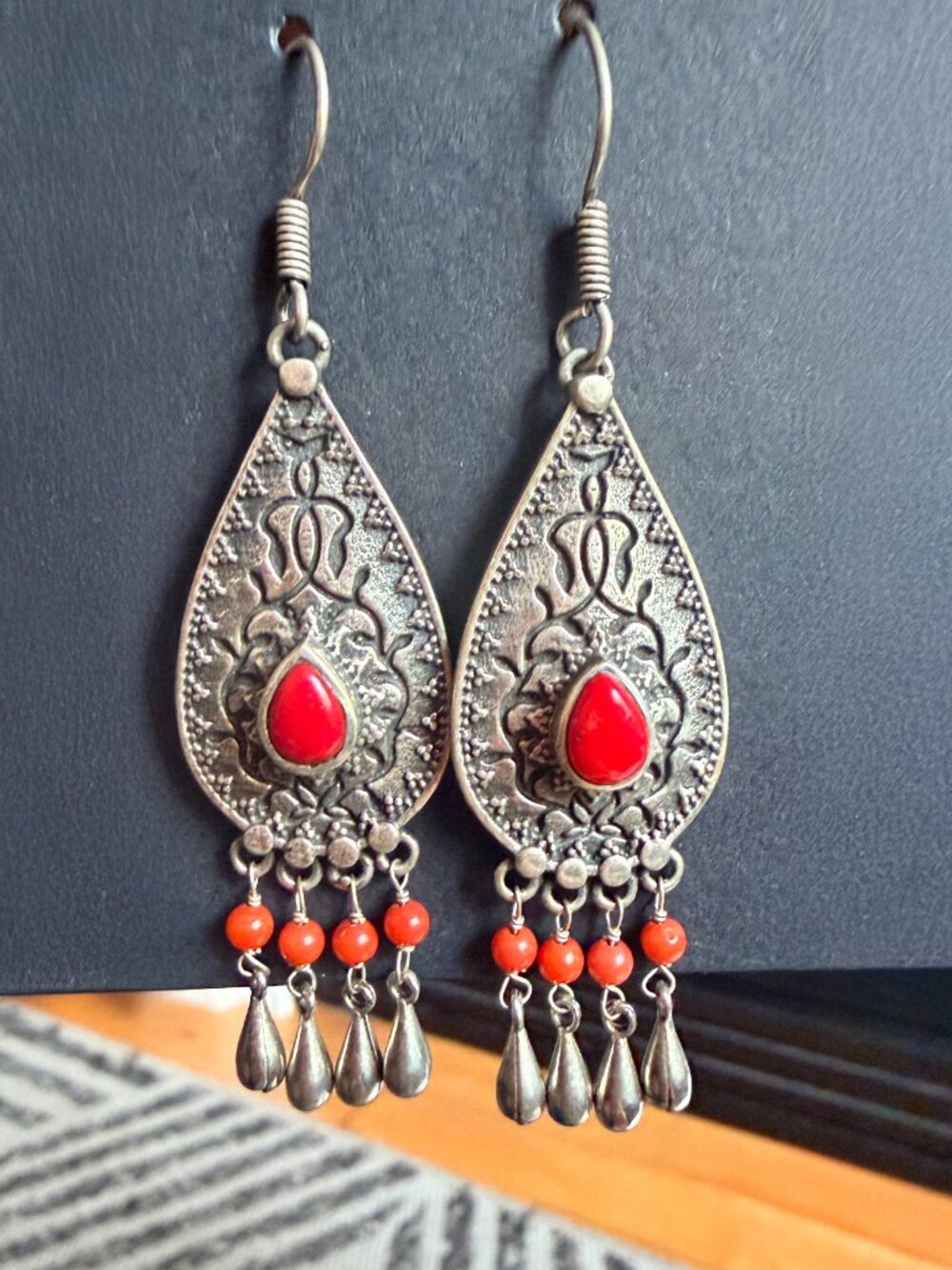 Tribal Real Silver & Red Coral Teardrop Dangle Earrings, Like New